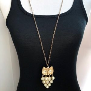 pearl owl long statement charm necklace